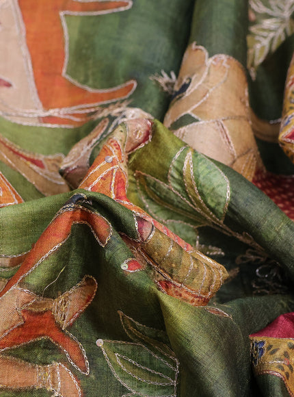 Pure tussar silk saree maroon with allover bandhani butta prints & pita work and zari line border