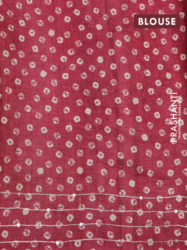 Pure tussar silk saree maroon with allover bandhani butta prints & pita work and zari line border