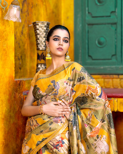 Pure tussar silk saree mustard yellow with allover digital pichwai prints & pita work and zari line border