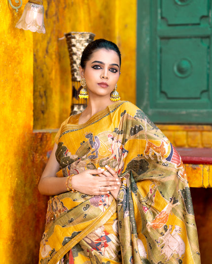 Pure tussar silk saree mustard yellow with allover digital pichwai prints & pita work and zari line border