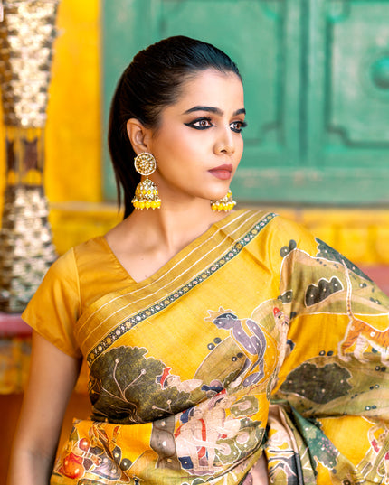 Pure tussar silk saree mustard yellow with allover digital pichwai prints & pita work and zari line border