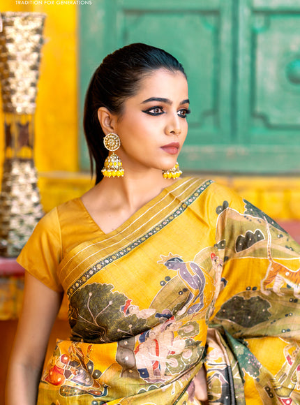 Pure tussar silk saree mustard yellow with allover digital pichwai prints & pita work and zari line border