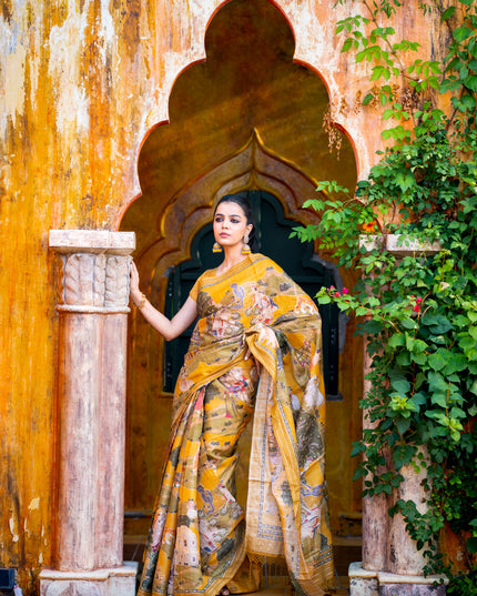 Pure tussar silk saree mustard yellow with allover digital pichwai prints & pita work and zari line border