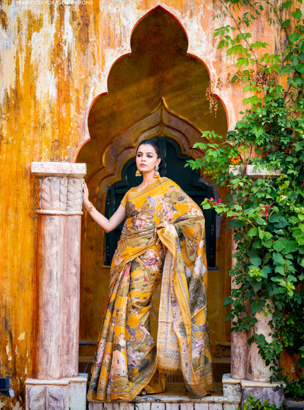 Pure tussar silk saree mustard yellow with allover digital pichwai prints & pita work and zari line border