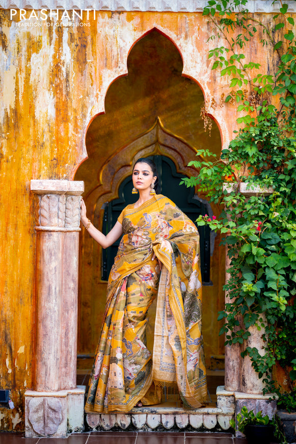 Pure tussar silk saree mustard yellow with allover digital pichwai prints & pita work and zari line border