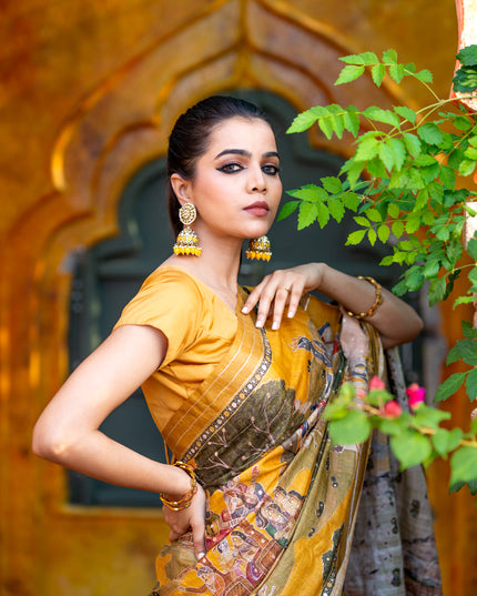 Pure tussar silk saree mustard yellow with allover digital pichwai prints & pita work and zari line border