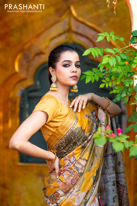 Pure tussar silk saree mustard yellow with allover digital pichwai prints & pita work and zari line border