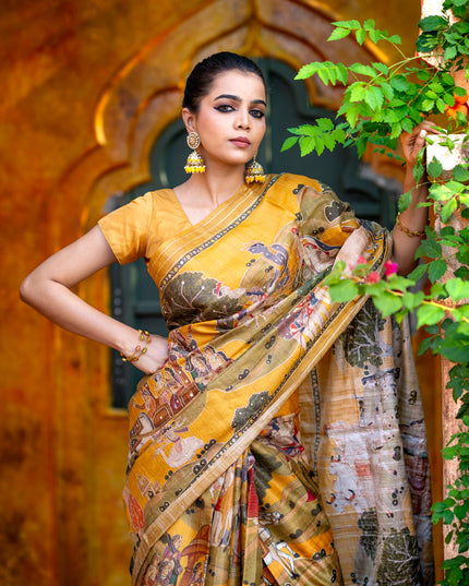 Pure tussar silk saree mustard yellow with allover digital pichwai prints & pita work and zari line border