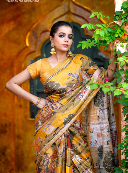 Pure tussar silk saree mustard yellow with allover digital pichwai prints & pita work and zari line border