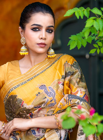 Pure tussar silk saree mustard yellow with allover digital pichwai prints & pita work and zari line border