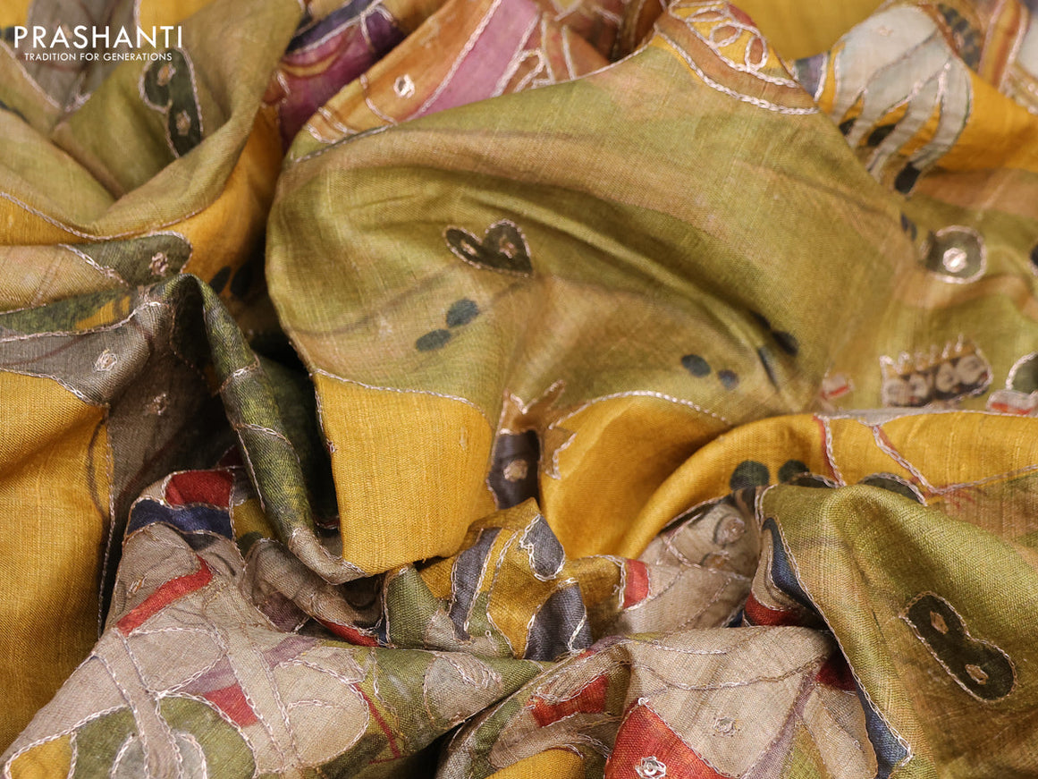 Pure tussar silk saree mustard yellow with allover digital pichwai prints & pita work and zari line border