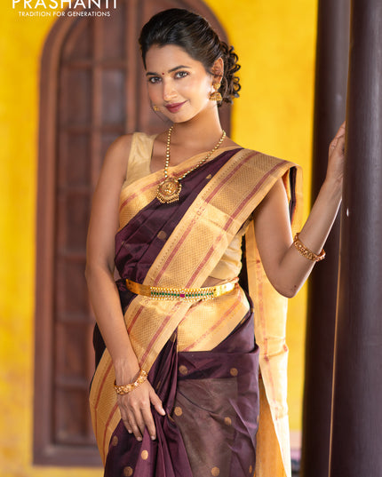 Silk cotton saree deep maroon and sandal with rudhraksha zari woven buttas and zari woven korvai border