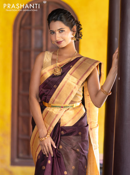 Silk cotton saree deep maroon and sandal with rudhraksha zari woven buttas and zari woven korvai border