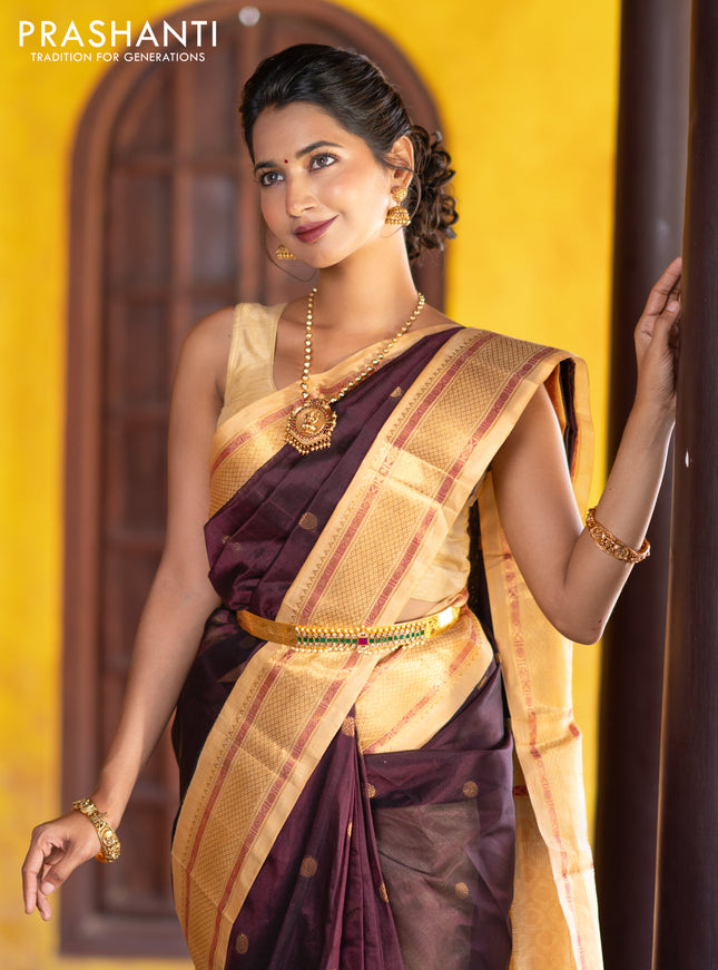 Silk cotton saree deep maroon and sandal with rudhraksha zari woven buttas and zari woven korvai border