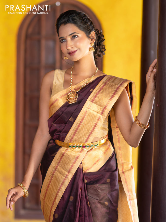 Silk cotton saree deep maroon and sandal with rudhraksha zari woven buttas and zari woven korvai border