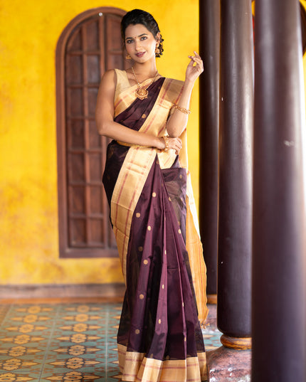 Silk cotton saree deep maroon and sandal with rudhraksha zari woven buttas and zari woven korvai border