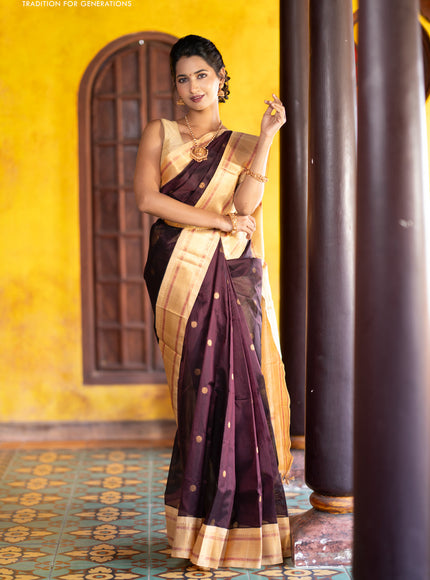 Silk cotton saree deep maroon and sandal with rudhraksha zari woven buttas and zari woven korvai border