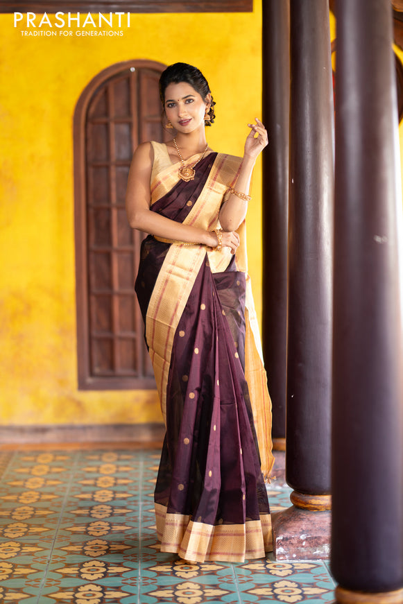 Silk cotton saree deep maroon and sandal with rudhraksha zari woven buttas and zari woven korvai border