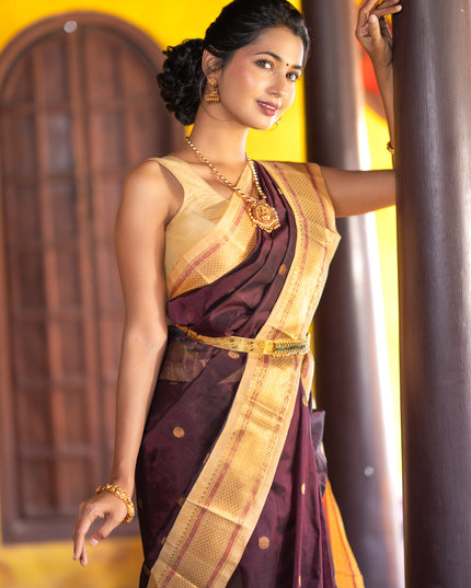 Silk cotton saree deep maroon and sandal with rudhraksha zari woven buttas and zari woven korvai border