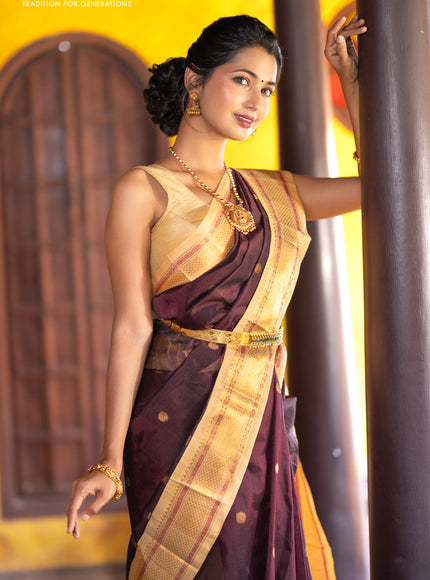 Silk cotton saree deep maroon and sandal with rudhraksha zari woven buttas and zari woven korvai border