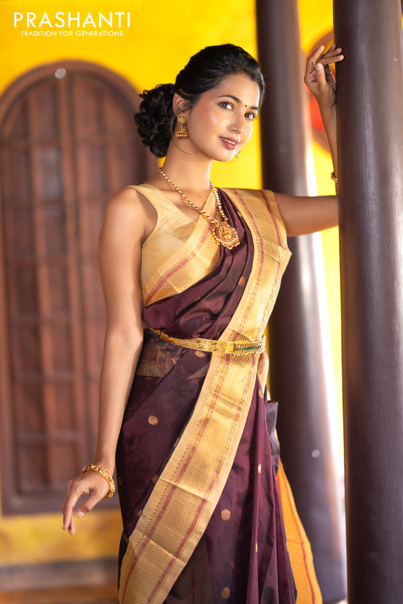 Silk cotton saree deep maroon and sandal with rudhraksha zari woven buttas and zari woven korvai border