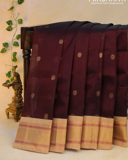 Silk cotton saree deep maroon and sandal with rudhraksha zari woven buttas and zari woven korvai border