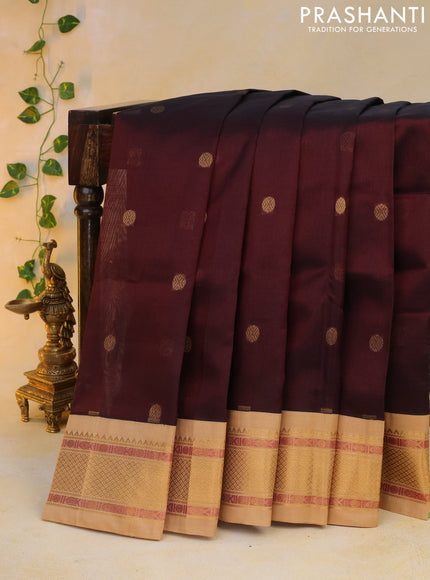 Silk cotton saree deep maroon and sandal with rudhraksha zari woven buttas and zari woven korvai border