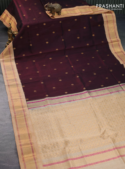 Silk cotton saree deep maroon and sandal with rudhraksha zari woven buttas and zari woven korvai border