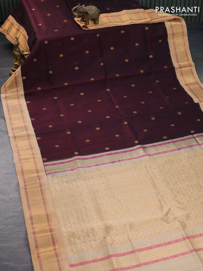 Silk cotton saree deep maroon and sandal with rudhraksha zari woven buttas and zari woven korvai border