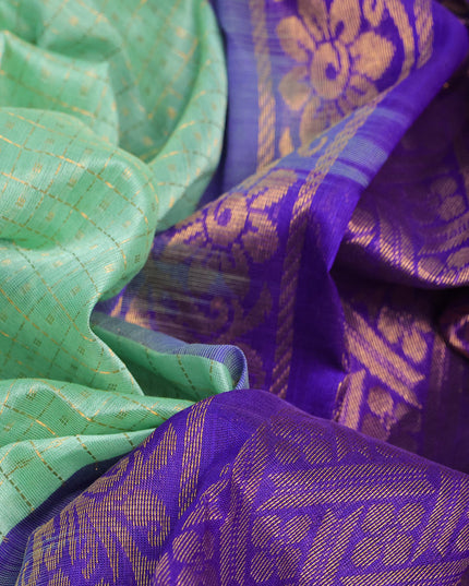 Kuppadam silk cotton saree teal green and blue with allover zari checks & buttas and temple deisgn zari woven border