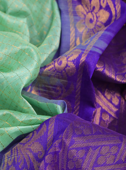 Kuppadam silk cotton saree teal green and blue with allover zari checks & buttas and temple deisgn zari woven border