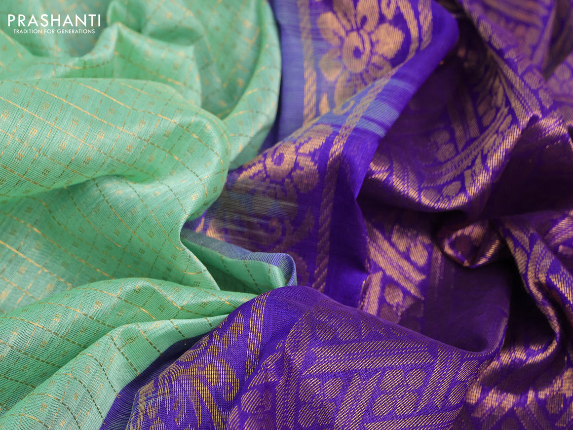 Kuppadam silk cotton saree teal green and blue with allover zari checks & buttas and temple deisgn zari woven border