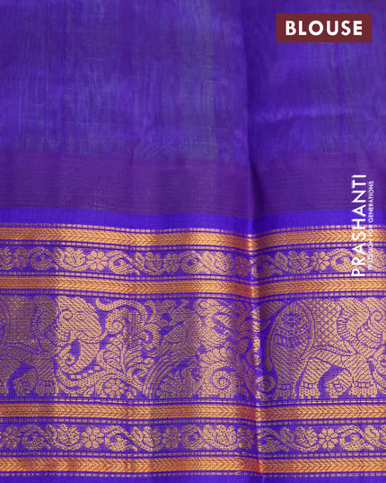 Kuppadam silk cotton saree teal green and blue with allover zari checks & buttas and temple deisgn zari woven border