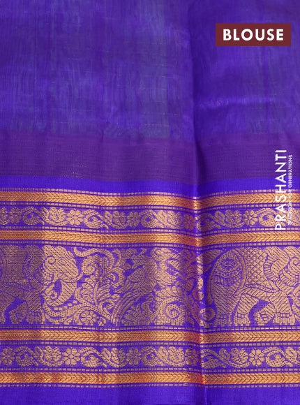 Kuppadam silk cotton saree teal green and blue with allover zari checks & buttas and temple deisgn zari woven border