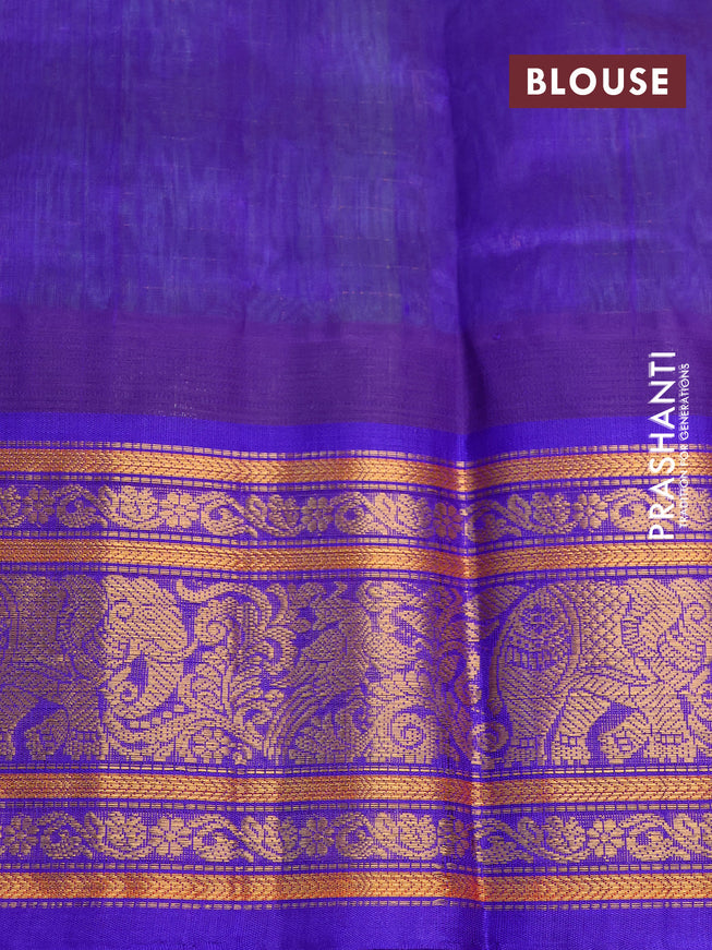 Kuppadam silk cotton saree teal green and blue with allover zari checks & buttas and temple deisgn zari woven border