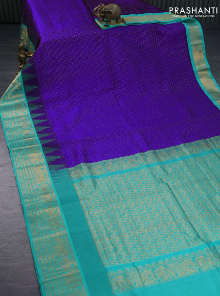 Kuppadam silk cotton saree blue and teal green with allover zari checks & buttas and temple woven elephant design zari border