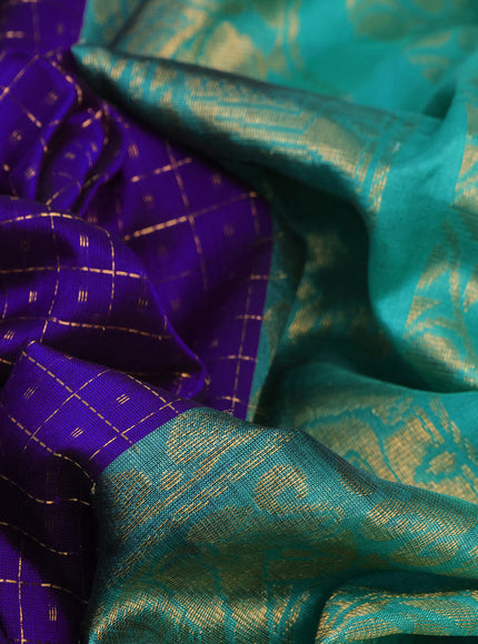 Kuppadam silk cotton saree blue and teal green with allover zari checks & buttas and temple woven elephant design zari border