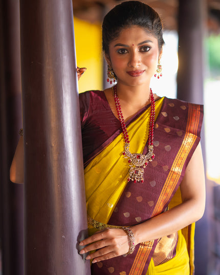 Kuppadam silk cotton saree lime yellow and deep maroon with silver & gold zari woven tilak buttas and temple design rettapet zari woven butta border