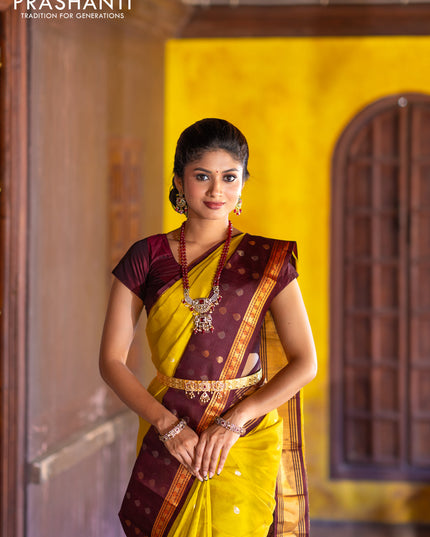 Kuppadam silk cotton saree lime yellow and deep maroon with silver & gold zari woven tilak buttas and temple design rettapet zari woven butta border