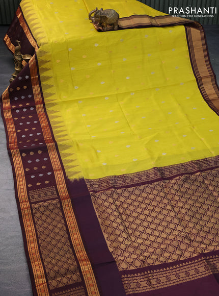 Kuppadam silk cotton saree lime yellow and deep maroon with silver & gold zari woven tilak buttas and temple design rettapet zari woven butta border