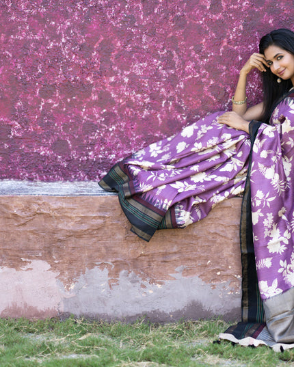 Pure tussar silk saree purple and black with allover floral digital prints and temple deisgn zari woven vidarbha border