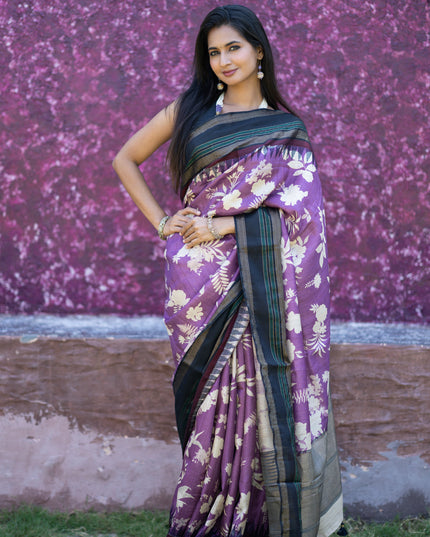 Pure tussar silk saree purple and black with allover floral digital prints and temple deisgn zari woven vidarbha border