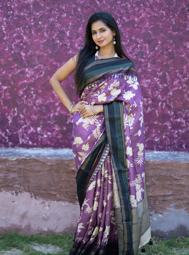 Pure tussar silk saree purple and black with allover floral digital prints and temple deisgn zari woven vidarbha border