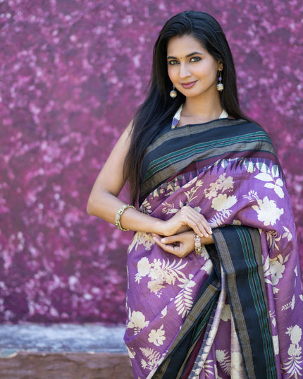 Pure tussar silk saree purple and black with allover floral digital prints and temple deisgn zari woven vidarbha border