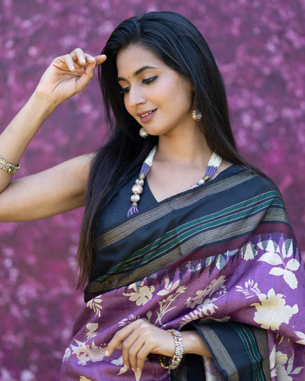 Pure tussar silk saree purple and black with allover floral digital prints and temple deisgn zari woven vidarbha border