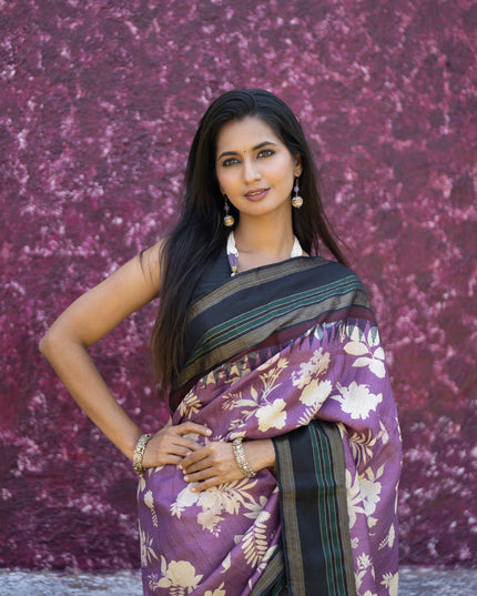 Pure tussar silk saree purple and black with allover floral digital prints and temple deisgn zari woven vidarbha border