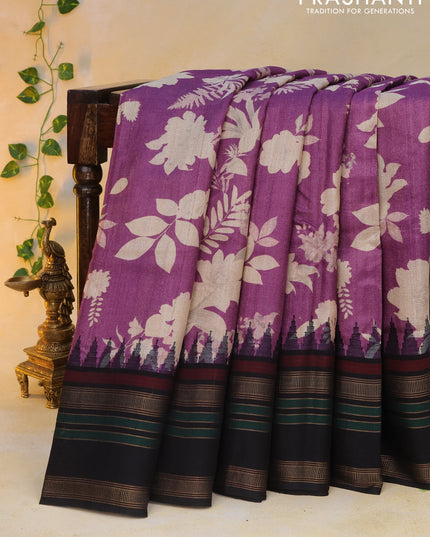 Pure tussar silk saree purple and black with allover floral digital prints and temple deisgn zari woven vidarbha border