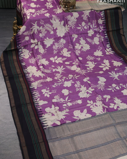 Pure tussar silk saree purple and black with allover floral digital prints and temple deisgn zari woven vidarbha border