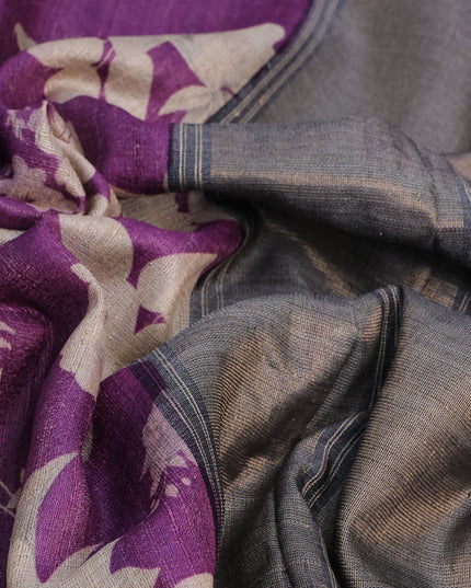 Pure tussar silk saree purple and black with allover floral digital prints and temple deisgn zari woven vidarbha border