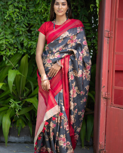 Pure tussar silk saree elephant grey and red with allover floral digital prints and temple deisgn zari woven vidarbha border